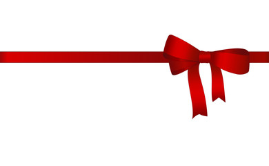 Decorative Red satin bow with horizontal  ribbon isolated on white. Vector gift bow with curled ribbon for page decor. Concept for invitation, banners, gift cards, congratulation or website layout ve
