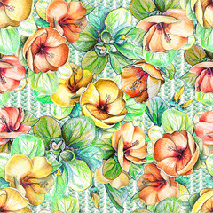 The seamless floral pattern with yellow and orange flowers for wallpapers, textile, invitations and any design. Hand drawing.  green, bright colorfull background 