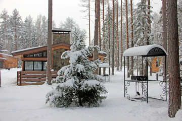 Beautiful house with a barbecue  in the winter snowy forest, a house in the woods in winter, a beautiful house in the snow