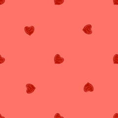 Abstract seamless vector background with scattered red heart shapes in hand drawn style.