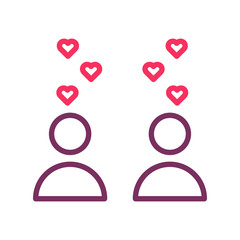Trendy thin line icons with a couple in love with hearts floating. Vector illustration for events like weddings, dating, valentine's day, honeymoon.