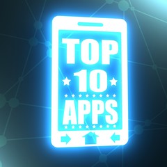 Top ten apps text on phone screen. Abstract touchscreen with lettering. 3D rendering
