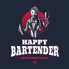 Happy woman bartender or barman young girl at work silhouette with shaker in old engraved style retro vintage graphic design logo template stamp isolated on black background Vector illustration emblem