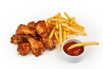 French fries, chicken and tomato sauce isolated on white with clipping path