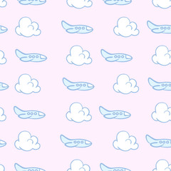 Cloud and airplanes seamless pattern. Travel vector background