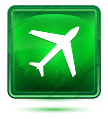 Plane icon neon light green square button