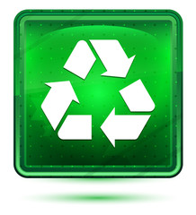 Recycle symbol icon neon light green square button