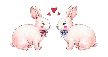 Lovely pink animation rabbit bunny hare with a bow in love is isolated on a white background. Children fantastic drawing. Handwork drawing markers.