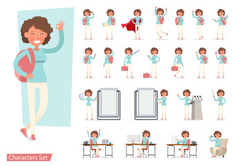 Set of office woman worker character vector design. Presentation in various action with emotions, running, standing, walking and working. no17