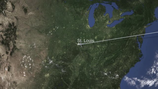 Route of a commercial plane flying to St. Louis, United States on the map, 3D animation