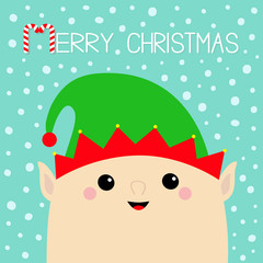 Merry Christmas. Santa Claus Elf face head icon. Green hat. New Year. Cute cartoon funny kawaii baby character. Greeting card. Flat design Blue snow background.
