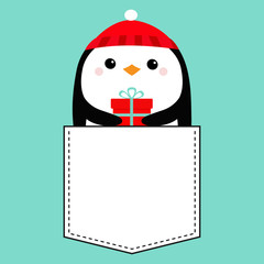 Penguin head face holding gift box. Red hat. T-shirt pocket. Merry Christmas. Happy New Year. Cute cartoon kawaii baby character. Arctic animal. Flat design. Hello winter. Blue background.