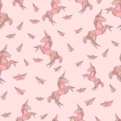 Unicorn in origami polygonal style seamless pattern