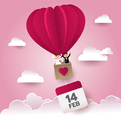 Valentine’s day happy couple wedding in the  air balloon in the sky with calendar icon, love season, flat vector illustration.