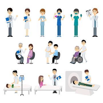 Medical doctor and nurse with patient treatment and examination. Vector illustration.