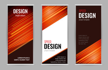 Fototapeta premium Bright Roll-up banner with red lines on dark background. Set vertical banners with empty place for text. Abstract vector graphic background. 