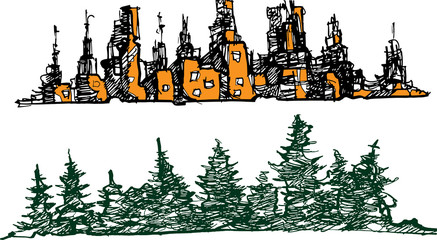 set sity & trees outdors panoram pine pencil art