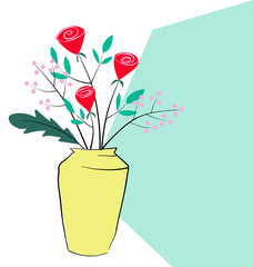vector hand drawn roses and flower decorate in yellow vase