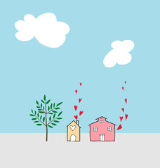 vector hand drawn houses with hearts and tree on sky background