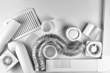 ventilation system components on white background top view - obrazy, fototapety, plakaty