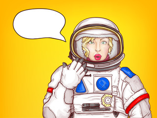 Vector pop art surprised astronaut woman in space suit with bubble speech. Cartoon character in helmet, uniform for exploration isolated on yellow background. Pretty blonde girl, shocked spacewoman.