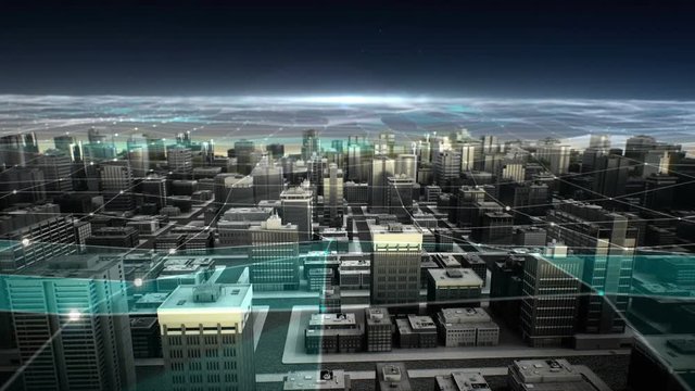 Smart sensor icon on Smart city, connecting futuristic network, IoT technology. aerial view. 4k animation.