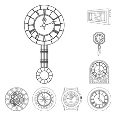 Vector illustration of clock and time icon. Set of clock and circle stock vector illustration.