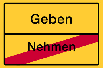 Symbolisches Ortsschild mit zwei gegensätzlichen Wörtern als Denkanstoß