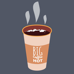 Big Coffee Hot open cup vector illustration isolated on white background. Paper, plastic coffee cup with hot coffee in cartoon style