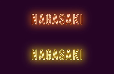 Neon name of Nagasaki city in Japan. Vector text