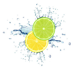 Fototapeta na wymiar lime and lemon slice water splash isolated on white
