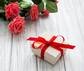 Valentine gift box and roses bouquet