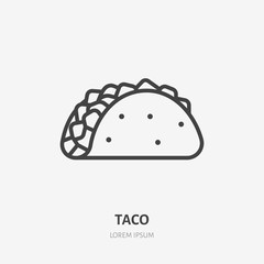 Taco flat line icon. Vector thin sign of mexican food. traditional meal wrap in tortilla illustration - obrazy, fototapety, plakaty