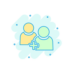 People communication user profile icon in comic style. People with plus sign vector cartoon illustration pictogram. Partnership business concept splash effect.