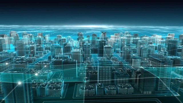 Smart sensor icon on Smart city, connecting futuristic network, IoT technology. blue x-ray aerial view. 4k animation.
