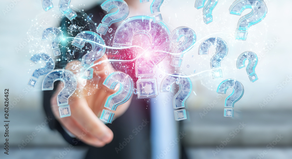 Aufkleber businessman solving problem with digital question marks 3d rendering