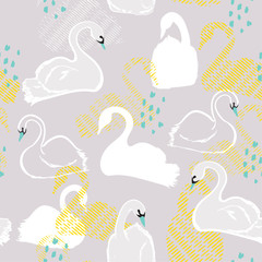 Fototapeta na wymiar Seamless pattern with white swan princess. Creative hand drawn style on light grey background. Perfect for all prints