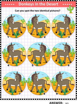 Visual logic puzzle with donkeys, or burros: Can you find the two identical pictures? Answer included.
