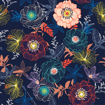 Line Hand sketch blooming garden flower contrast colorful seamless pattern vector for fashion fabric and all prints