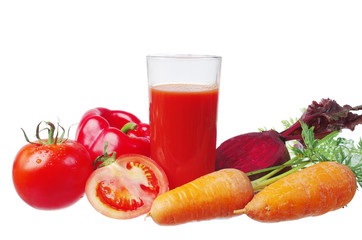 Vegetable juices. Tomatoes, peppers, carrots, beets. Isolated on white