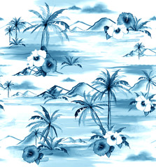 Monotone on blue shade Hand drawing watercolor painting island hawaiian style seamless pattern