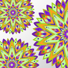 Bright colorful background with oriental ornaments of mandalas on a gray background. Template for any surface, for cards, invitations, banners, flyers. Vector illustration.
