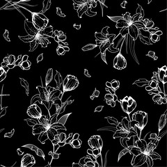 Black and white outline sketch and hand drawn lily and tulip flowers. Botanical Seamless pattern vector texture.