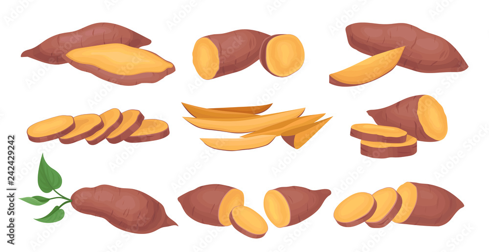 Sticker Flat vector set of whole and sliced sweet potatoes. Ripe and tasty vegetable. Natural and healthy food. Raw batat