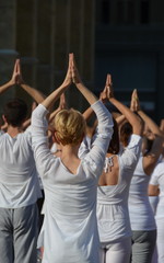 Novi Sad, Serbia, July 4th 2015.- People participate in a yoga event in the center of the city
