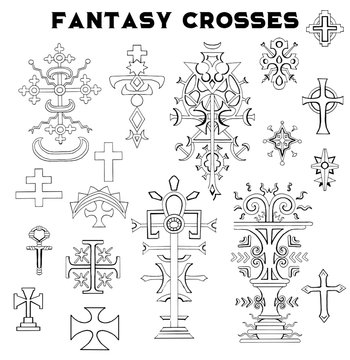 Black and white collection of fantasy crosses. Vintage decorative religious illustration, old gothic graphic symbols, abstract drawing