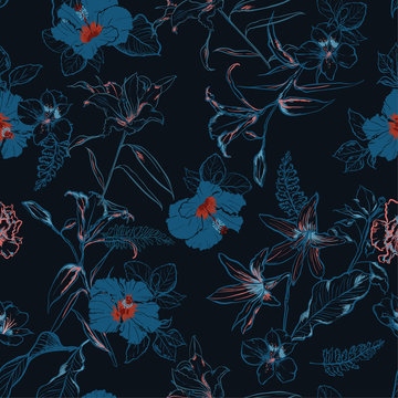 Beautiful dark forest in  hand drawn line sketch flowers lilly mix with hibiscus and many kind of  florals ,seamless pattern vector for fashion ,fabric, and all prints