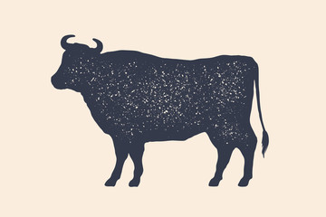 Cow, silhouette. Vintage logo, retro print, poster