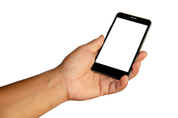 Hand holding mobile smartphone with blank screen. Mobile photography concept. Isolated on white background, cliping path inside.