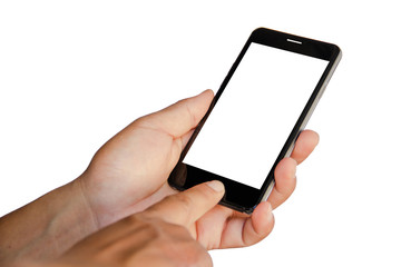 Hand holding mobile smartphone with blank screen. Mobile photography concept. Isolated on white background, cliping path inside.
